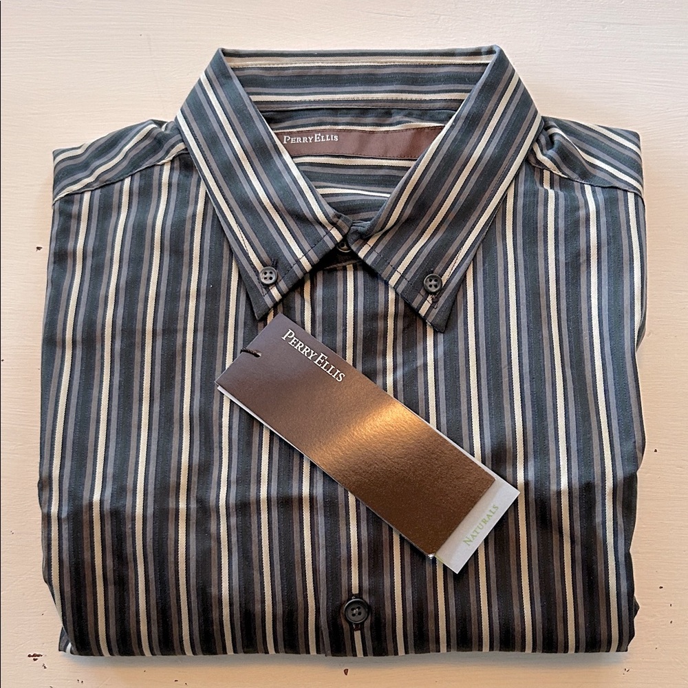 Perry Ellis, long sleeve button-down shirt, black/brown/gray/cream stripes M